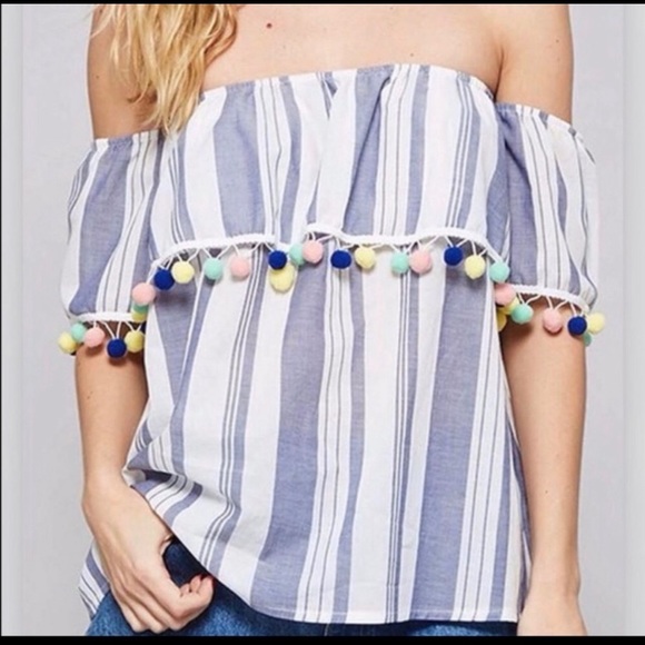 Promesa Striped Off Shoulder Top with Pom Poms. - Picture 4 of 15